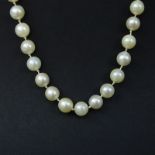 Vintage Single Strand Pearl Necklace with 14 Karat Yellow Gold Clasp. Unsigned. Pearls measure 7.