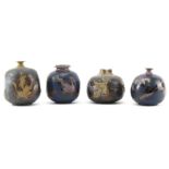 Grouping of Four (4) Terrin Levitt Ceramic Vases. Signed. Each vase is semi glazed and painted