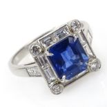 Art Deco style Approx. 2.35 Carat Octagonal Cut Sapphire, 1.35 carat Baguette and Round Brilliant