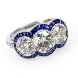 Art Deco style Approx. 2.67 Carat Round Brilliant Cut Diamond and Platinum Three Stone Ring accented