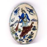 Antique Persian Glazed Faience Oval Pottery Plaque. Depicts a young beauty strolling through a