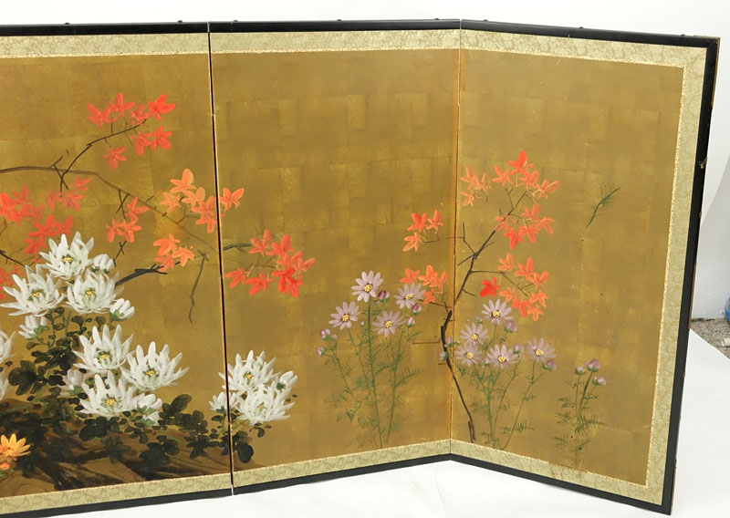 20th Century Japanese Four Panel Screen with Floral Decoration. Signed lower left. Slight surface - Image 3 of 6