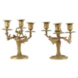 Pair of 19th Century French Gilt Bronze Three Arm Candelabras. Ornate rococo style foliage motif