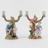 Pair of 19th Century Meissen Two Arm Porcelain Figural Candelabras. Blue crossed swords mark on