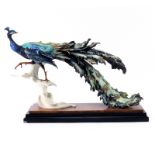 Limited Edition Giuseppe Armani Peacock Figurine Mounted on Wooden Base. Number 349/5000. Stamped.