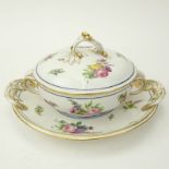 19th Century Sevres Porcelain Handled Ecueille and Cover with Underplate. Rococo style foliage