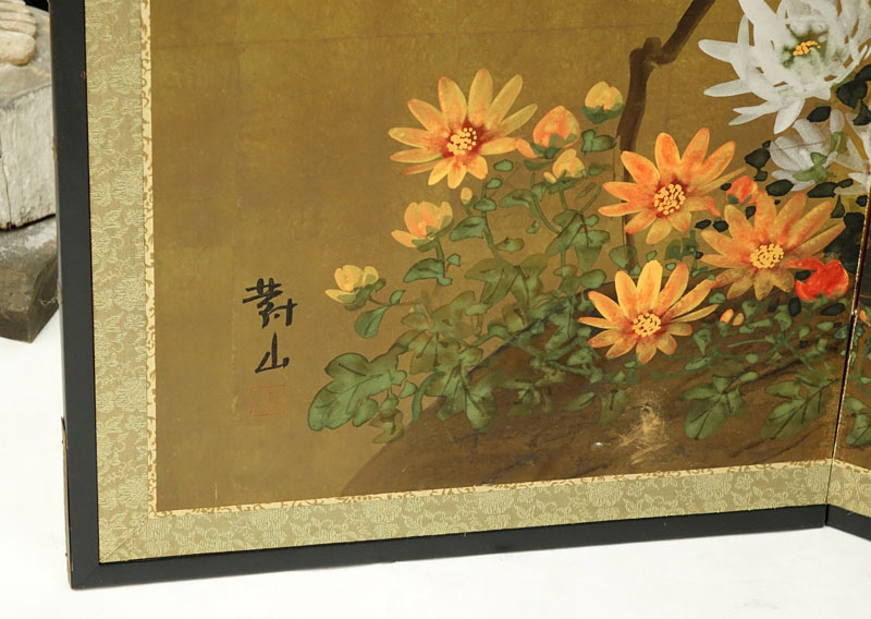 20th Century Japanese Four Panel Screen with Floral Decoration. Signed lower left. Slight surface - Image 4 of 6