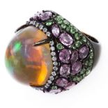 Approx. 28.19 Carat Cabochon Opal, Pink and Green Sapphire, .52 Carat Diamond and 18 Karat Gold