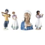 Grouping of Four (4) Lladro Glazed Porcelain Figurine. Includes: Madonna #4649, girl with cake #