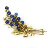Vintage Cabochon Sapphire and 18 Karat Yellow Gold Floral Spray Brooch. Unsigned. Good vintage