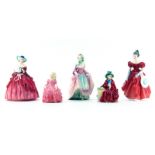 Grouping of Five (5) Royal Doulton Glazed Porcelain Figurines. Includes: Linda HN 2106, Suzette,