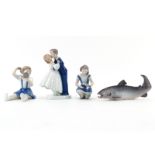 Grouping of Four (4) Bing and Grondahl Glazed Porcelain Figurines. Includes: boy and girl #2162,