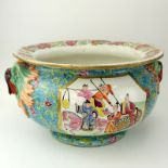 Large Antique Fenton Stone Works Hand Painted Pottery Planter. Decorated with a chinoiserie scene on