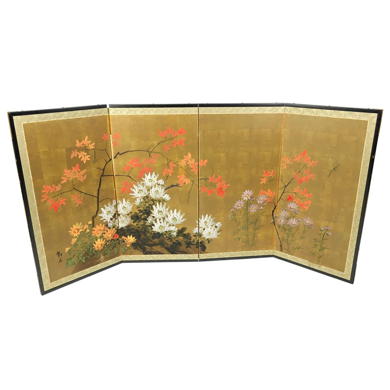 20th Century Japanese Four Panel Screen with Floral Decoration. Signed lower left. Slight surface