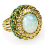 Cabochon Opal, Round Brilliant Cut Diamond, Enamel and 18 Karat Yellow Gold Ring. Opal with good