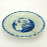 17th Century Persian Blue and White Glazed Ceramic Shallow Bowl. Depicts a palace view near