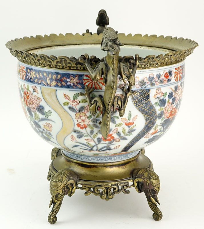 Large Japanese Imari Bronze Mounted Jardinière. Dragon and elephant bronze motif. Bronze mounting is - Image 4 of 5