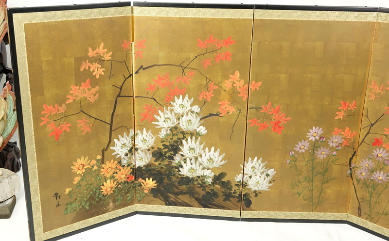 20th Century Japanese Four Panel Screen with Floral Decoration. Signed lower left. Slight surface - Image 2 of 6