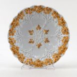 Antique Meissen Raised Foliage Relief Plate. Crossed blue swords mark. Some gilt wear. Measures 8-