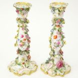 Pair of 19th Century Meissen Applied Flowers Gilt Hand Painted Porcelain Candlesticks. Signed with