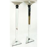 Pair of Art Deco Style Mirrored Torchieres With Wood Accents and Metal Shades. Unsigned. One panel