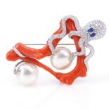 Art Deco style Approx. 3.47 Carat Pave Set Round Brilliant Cut Diamond, Pearl, Coral, Sapphire and