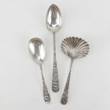 Lot Of Three (3) Sterling Silver Repousse Serving Pieces. Includes Kirk stuffing spoon 12", Stieff