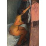 Raphael Soyer, American (1899-1987) Oil on Canvas "Interior with Nude" Signed Lower Right. Good