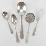 Lot of Five (5) Sterling Silver Repousse Serving Pieces. Includes Kirk spoon, tomato server,