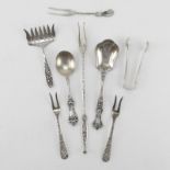 Lot of Eight (8) Sterling Silver Serving Pieces. Various makers. Includes forks, spoons, tongs.