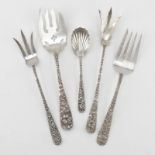 Lot of Five (5) Kirk & Stieff Sterling Silver Repousee Serving Pieces. Includes forks and a sugar