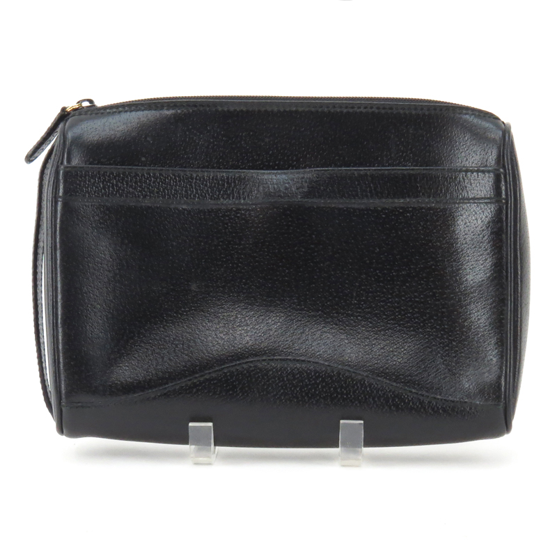 Gucci Black Leather Clutch Purse. Handle stitched to side. Impressed Gucci logo to front. Lined