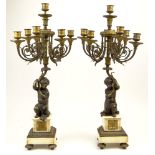 Pair of Antique French Bronze and Marble Figural Six Light Candelabra. Footed, Bronze Mountings.