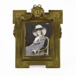 19th Century Hand Painted Portrait Miniature in Heavy Gilt Bronze Frame. Unsigned. Wear to gilt or