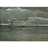 Victor Hugo Vilhelm Qvistorff, Danish (1883 - 1953) Oil on masonite "Sailing Ships On A Gray Day"