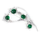 Vintage Approx. 12.50 Carat Mixed Cut Diamond, 16.0 Carat Cabochon Emerald and Platinum Brooch.