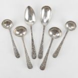 Lot of Six (6) S. Kirk & Son Sterling Silver Repousse Serving Spoons. Signed. Good condition.