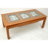 Mid Century Chinese Wooden Glass Top Coffee Table Mounted with Three Chinese Enamel Hand Painted