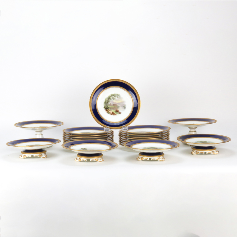 Twenty Three (23) Piece Antique Royal Worcester English Hand Painted Cobalt Blue and Gilt Scenic - Image 2 of 7