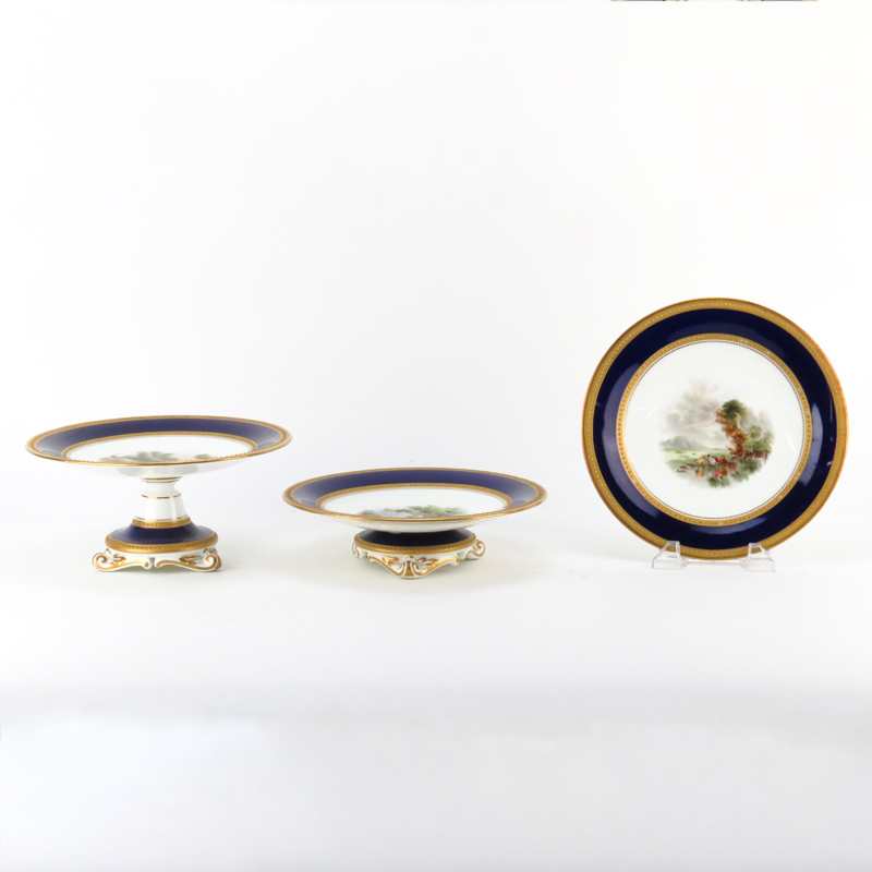 Twenty Three (23) Piece Antique Royal Worcester English Hand Painted Cobalt Blue and Gilt Scenic