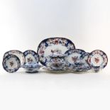 Sixty Four (64) Piece Set Of Antique English BB New Stone Flow Blue Imari Dinnerware. Includes 23