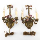 Pair of Antique French Gilt Bronze Sconces With Porcelain Flowers. Signed Made In France. Typical