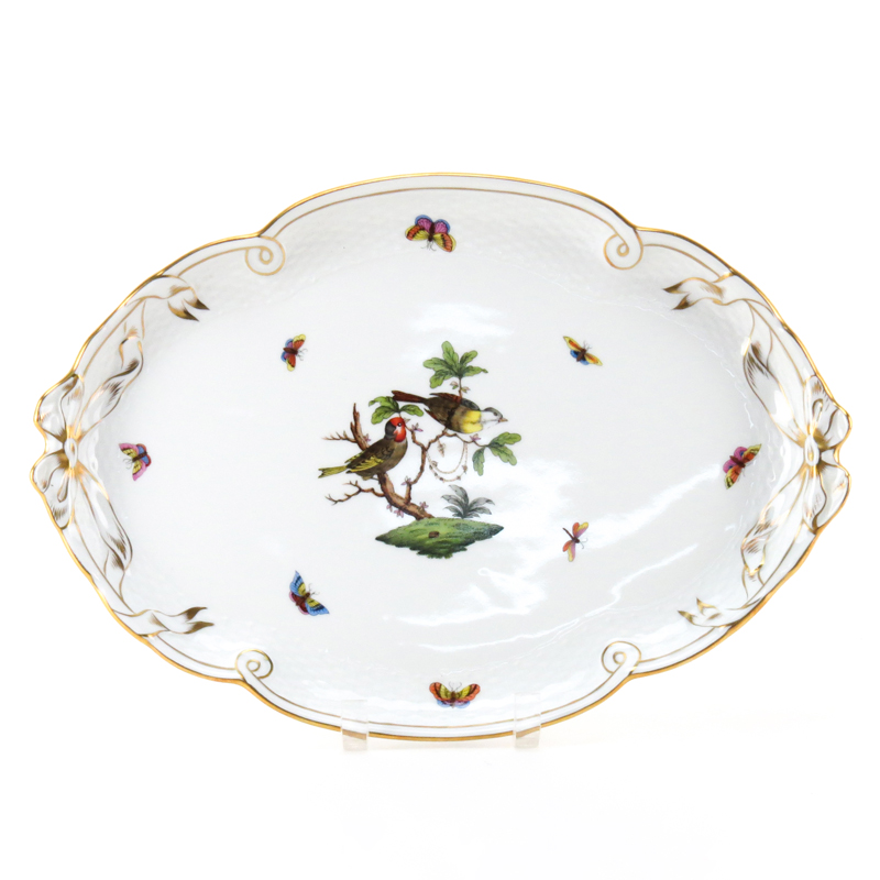 Herend Porcelain "Rothschild Birds" Oval Ribbon Tray. Signed and numbered 400/RO on underside.