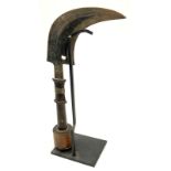 Antique African Mangbetu "Trumbash" Ceremonial Dagger with Stand. Double edge curved blade with