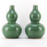 Pair of Large 20th Century Chinese Double Gourd Vases. Unsigned. Crackle greenish colored glazed