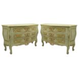 Pair of Louis XV Style Bronze Mounted Hand Painted Bombe 3 Drawer Commodes. Mid 20th century. Slight