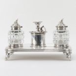 19th Century Elkington & Co. Silver Plate and Glass Inkstand. Consists of 2 inkwells and a candle