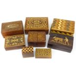 Grouping of Eight (8) Vintage Inlaid Wooden Boxes. Rubbing and inlay wear to a few boxes. Largest