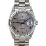 Men's Platinum Rolex Oyster Perpetual Day-Date Chronometer #18206, 8385/6. Case measures 36mm.