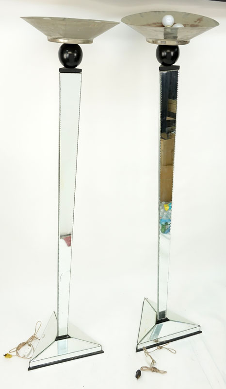 Pair of Art Deco Style Mirrored Torchieres With Wood Accents and Metal Shades. Unsigned. One panel - Image 2 of 4